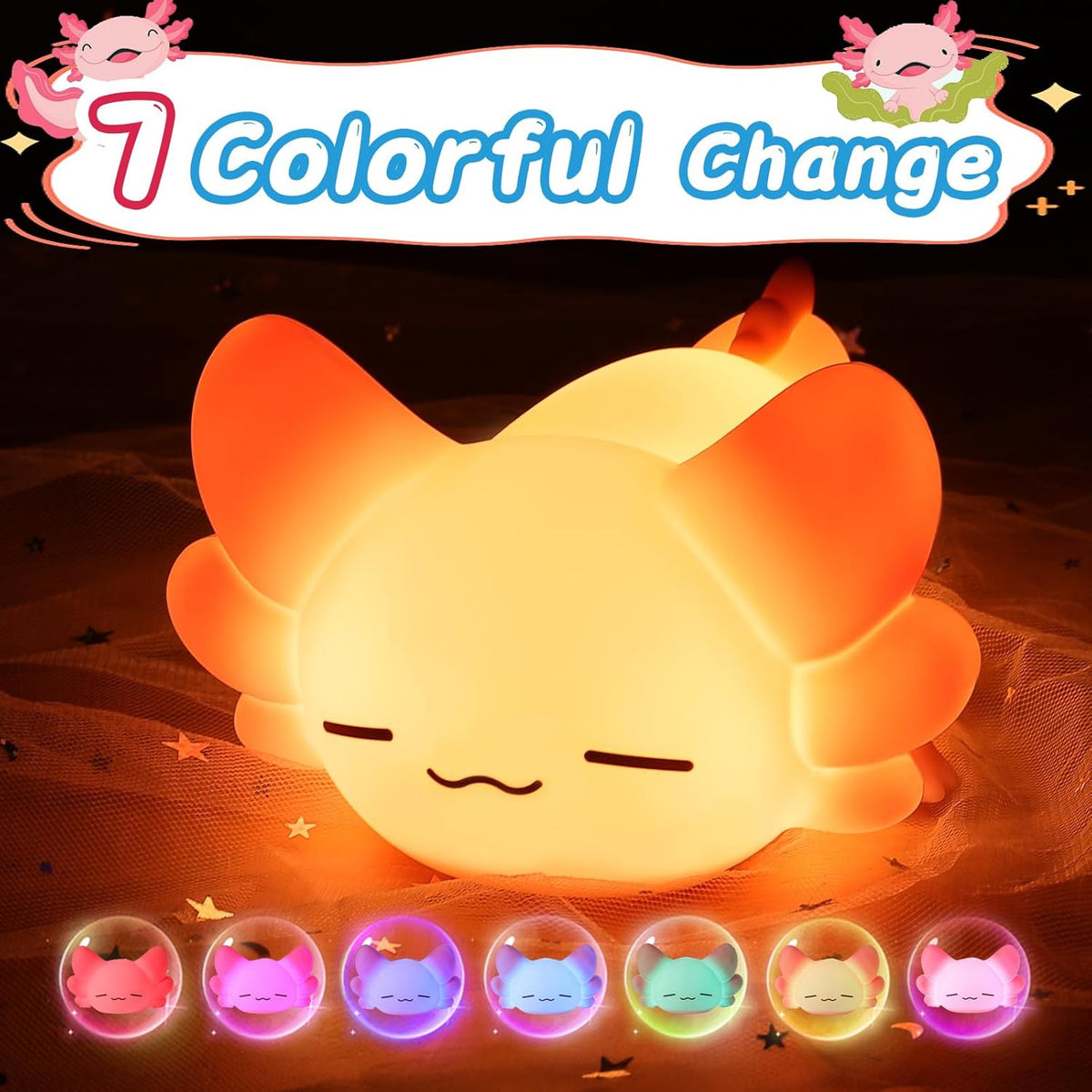 LOVERUIS Axolotl Kids Night Light Axolotls Gifts Night Lights for Kids Colorful Light with 1/3