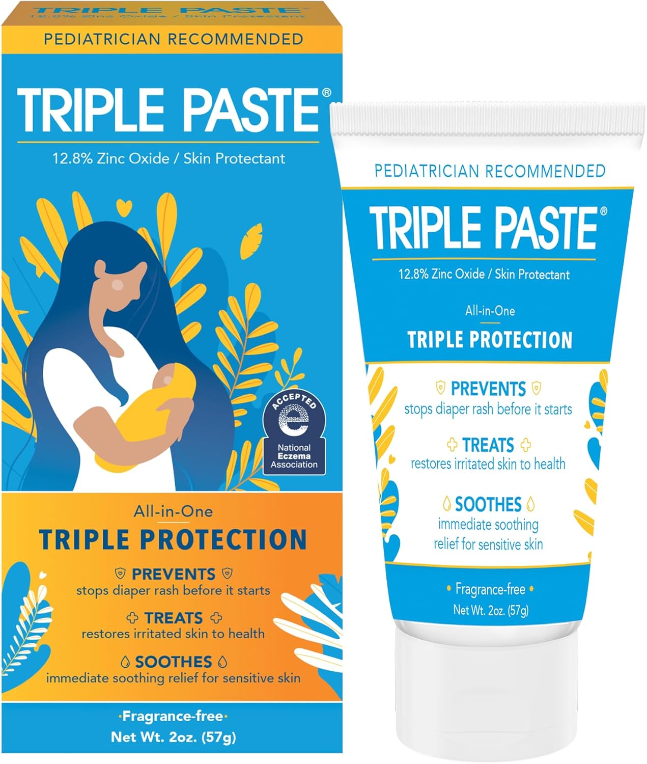 Triple Paste Diaper Rash Cream for Baby - 2 oz Tube - Zinc Oxide Ointment Treats, Soothes and