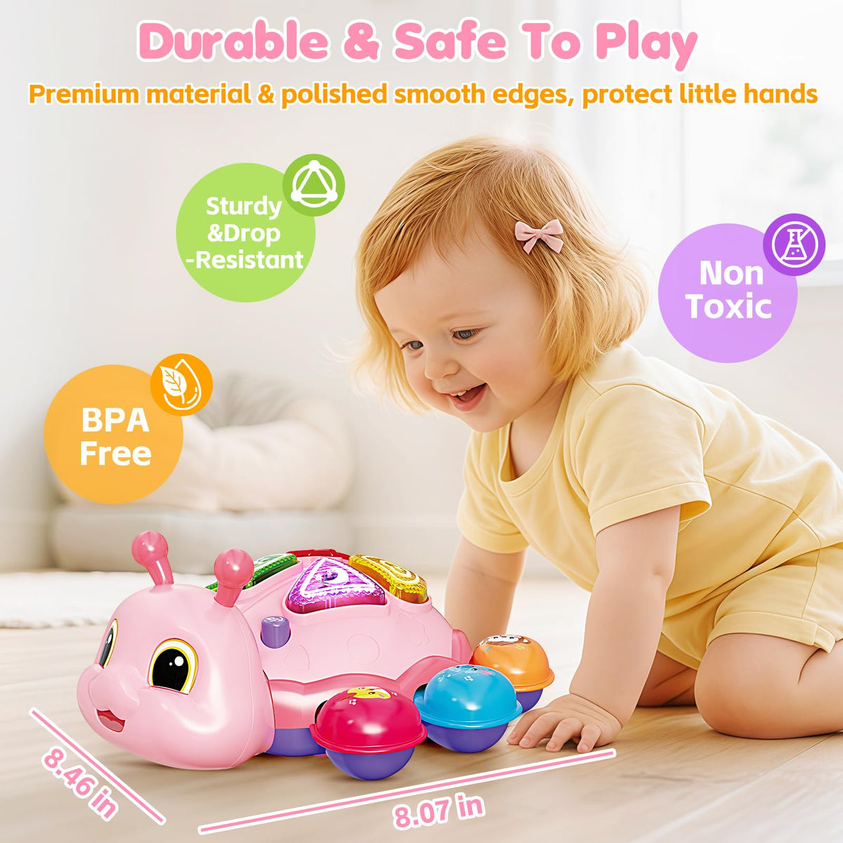 Baby Toys 6-12 Months, Musical Crawling Infant Toys with Lights Sound, Pink