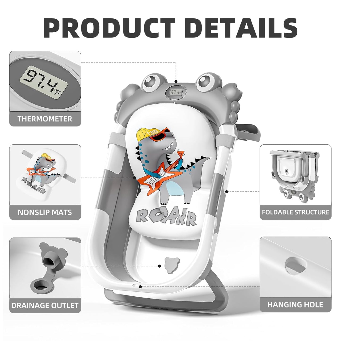 Collapsible Baby Bathtub for Newborns to Toddler with Real-time Temp Monitor & Floating