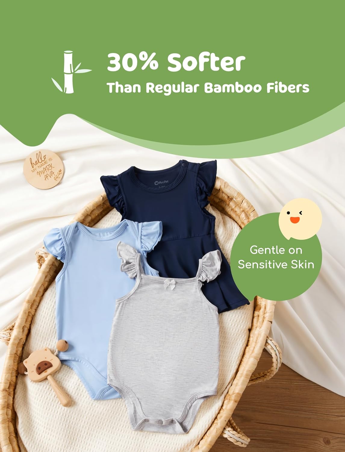 PATPAT Baby Girl Bodysuits - Soft Bamboo Viscose - Flutter Sleeves Cute Dress - Newborn Infant