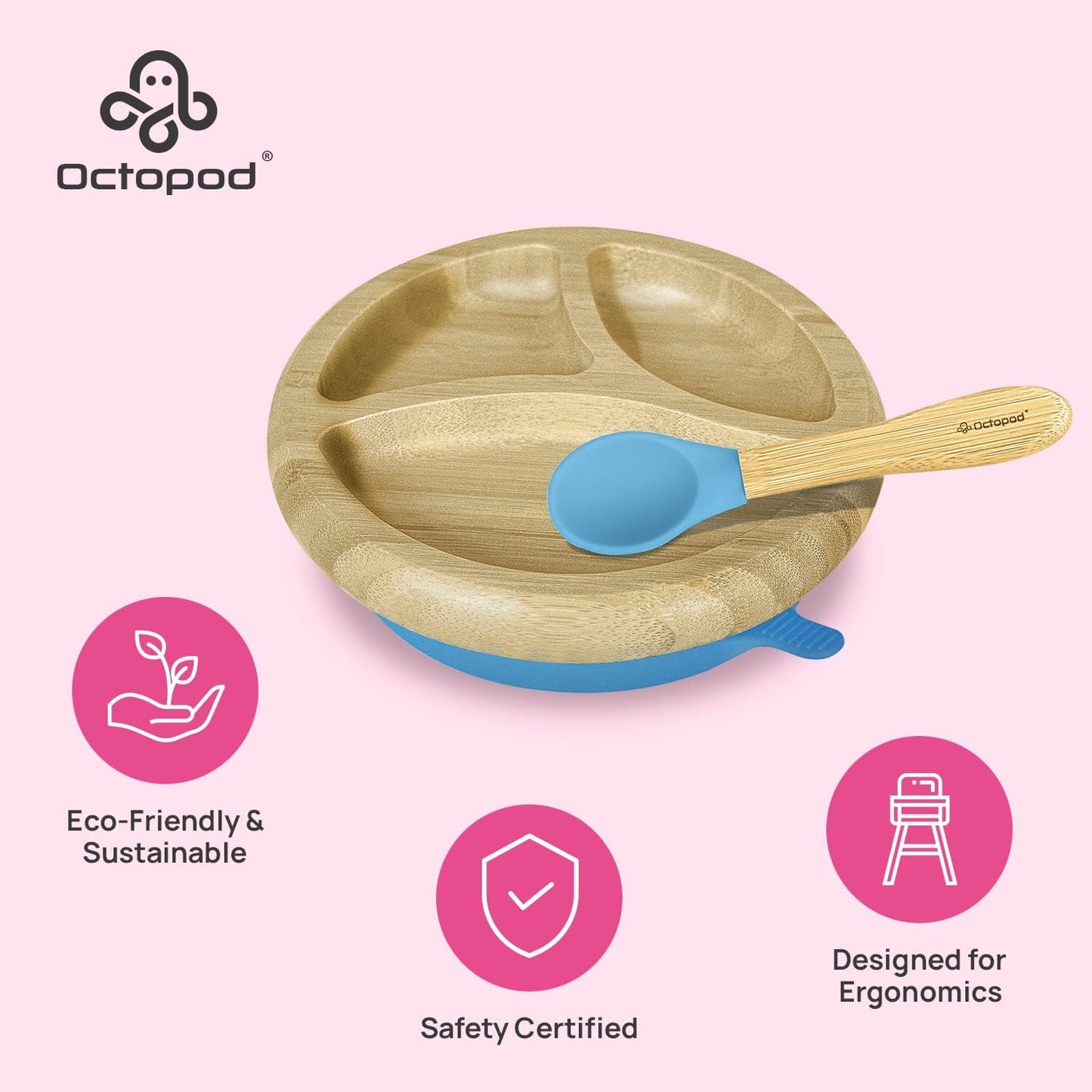 Abiie Octopod Bamboo Dish - Kids Plates for 4 months and up, 3-Compartment Baby Plates with