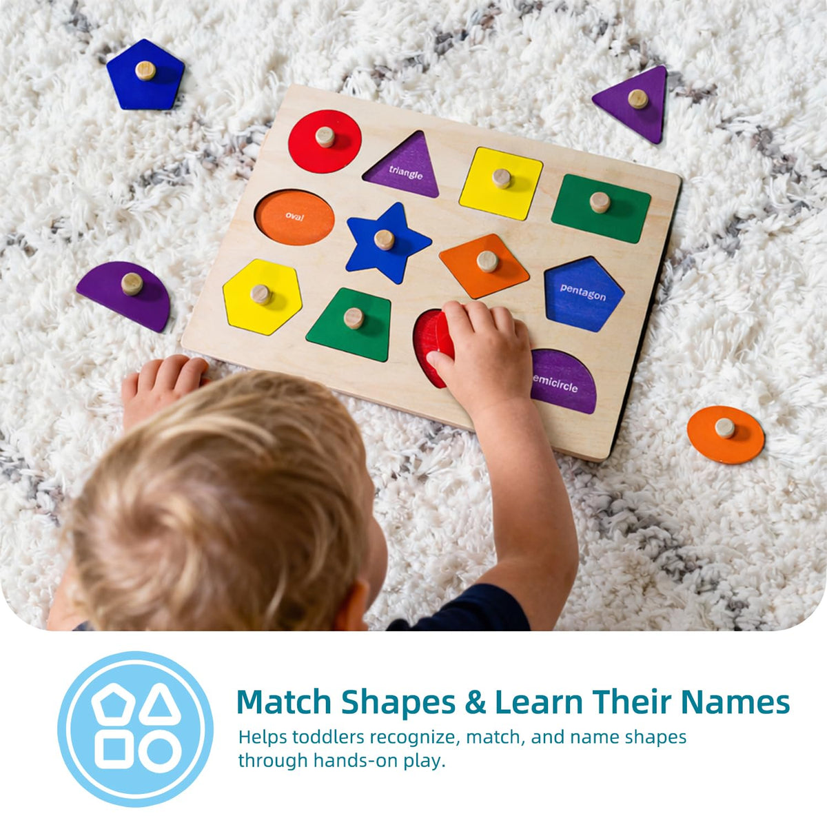 Wooden Shape Peg Puzzle Board, Educational Geometric Learning Board with Knobs, Multicolor Basic