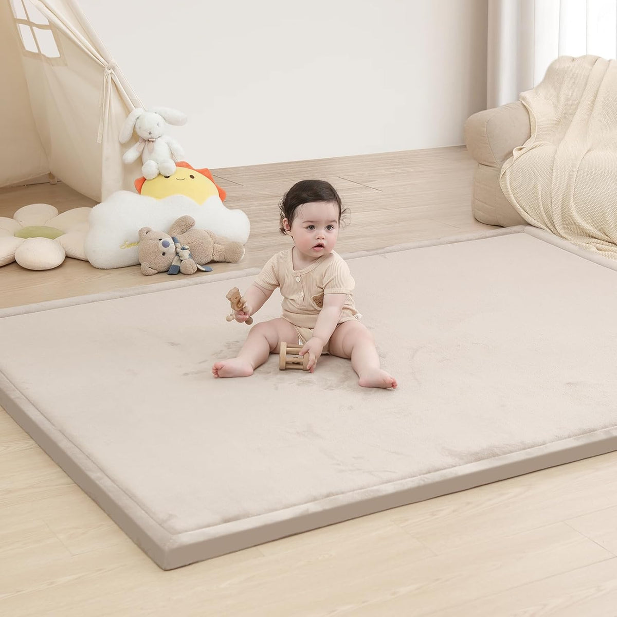 Baby Play Mat for Floor,1.3" Thick Memory foam Tummy Time Mat,Soft Coral Velvet Nursery Rug,Extra