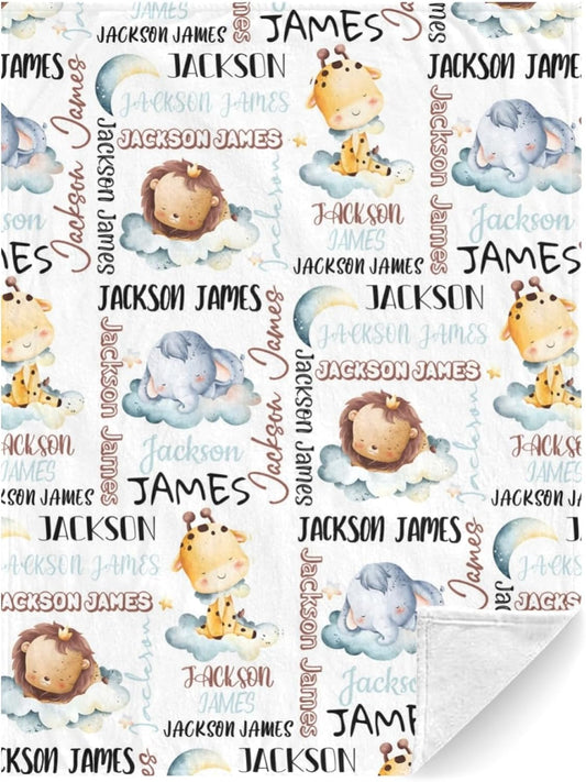 Personalized Baby Blanket for Boys, Custom Baby Blanket with Name, Safari Animal Blanket Name Baby