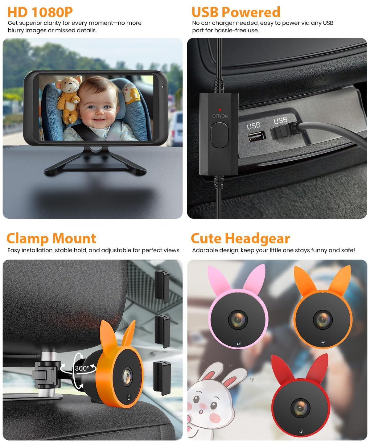 USB Baby Car Camera Plug-Play, 4.5" 1080P Easy Setup Backseat Camera with Flexible 360 Rotation