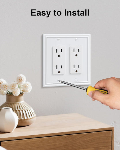 2-Pack Decorative Double Decorator Outlet Cover Plate, Durable Zinc Alloy Pure White Wall Plates