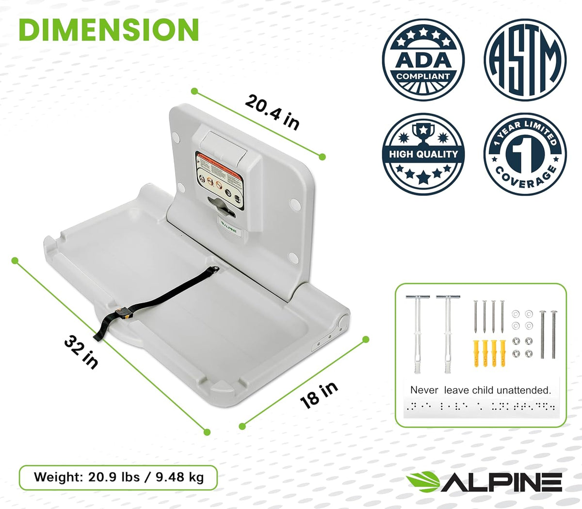 Alpine Wall Mounted Baby Changing Station - Horizontal Baby Changing Table Foldable Diaper Tables