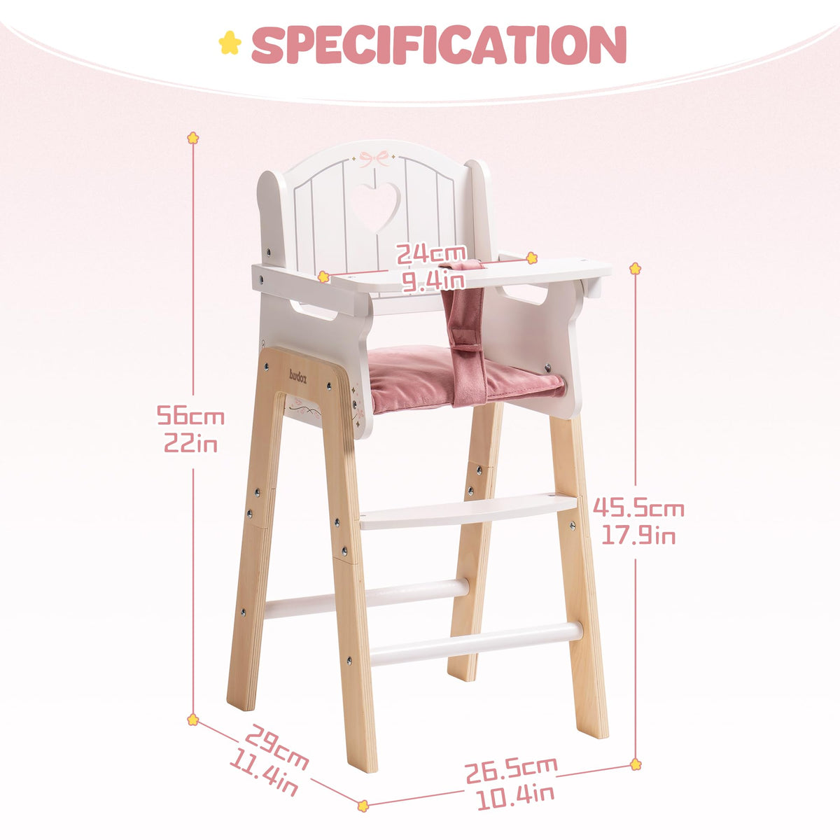 ROBUD Play High Chair, Pretend Play High Chair with Cushion, Movable Table, Wooden Baby Doll