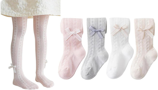CHUNG Baby Girls Cotton Tights Thin Hollowed Summer with Bowknot Mesh Lace Fashion Toddler Footed