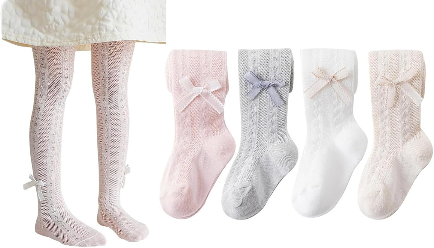 CHUNG Baby Girls Cotton Tights Thin Hollowed Summer with Bowknot Mesh Lace Fashion Toddler Footed