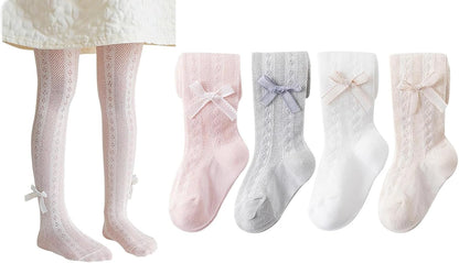CHUNG Baby Girls Cotton Tights Thin Hollowed Summer with Bowknot Mesh Lace Fashion Toddler Footed