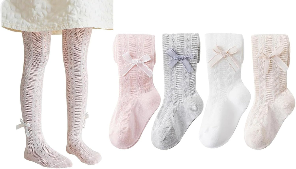 CHUNG Baby Girls Cotton Tights Thin Hollowed Summer with Bowknot Mesh Lace Fashion Toddler Footed