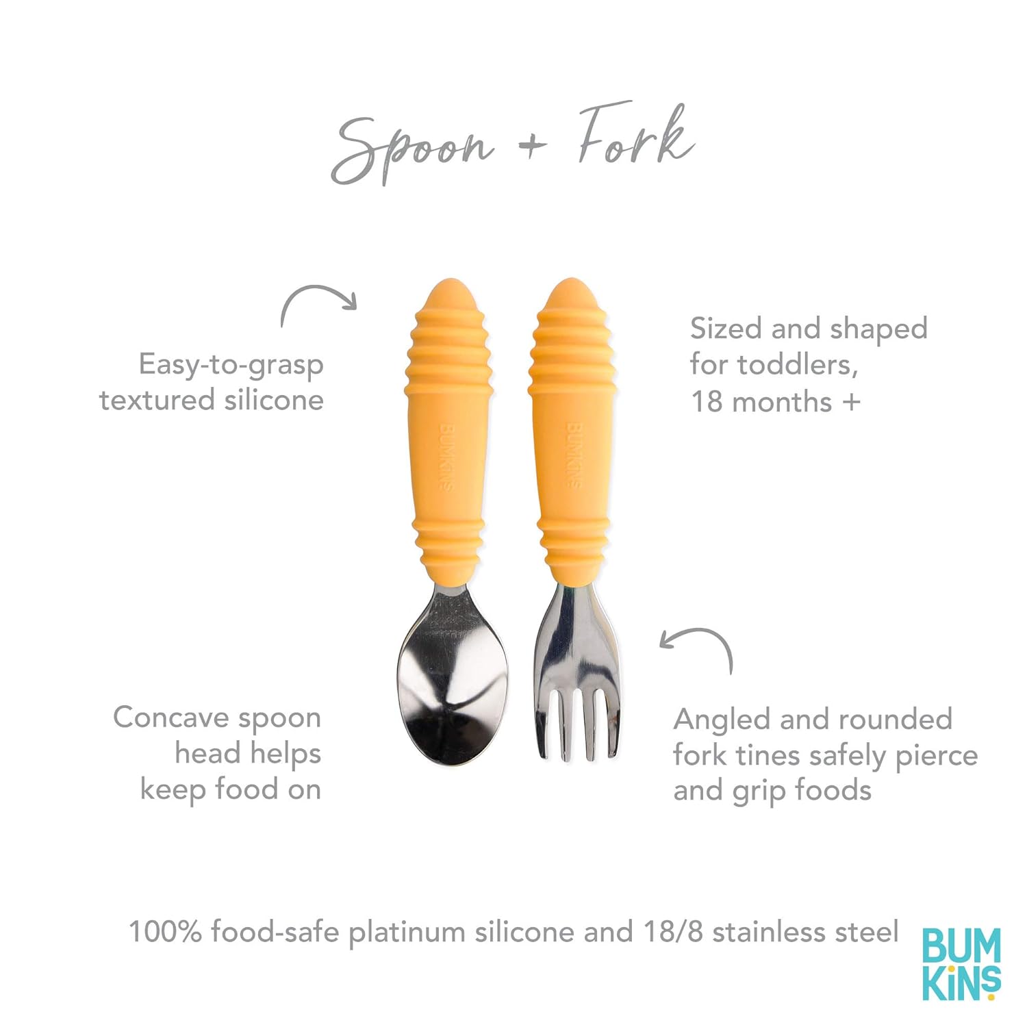 Bumkins Toddler Utensils, Kids Size Fork and Spoon Set, Silicone and Stainless-Steel Training