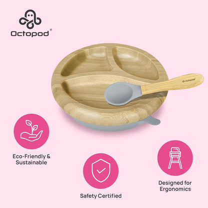 Abiie Octopod Bamboo Dish - Kids Plates for 4 months and up, 3-Compartment Baby Plates with