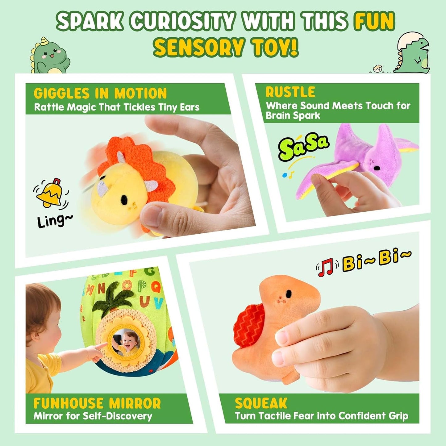 Baby Toys 6-12 Months - Soft Dinosaur Egg Toy with Rattle, Crinkle Paper, Squeaker, Mirror - Baby