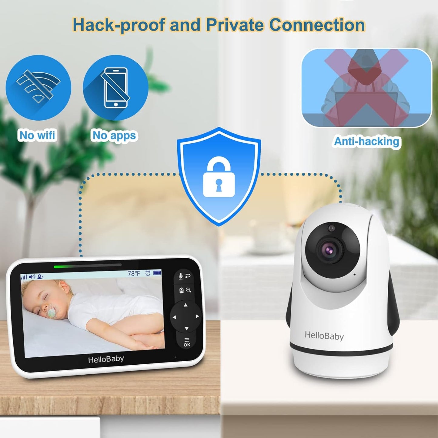 HelloBaby 5 Inch Video Baby Monitor with Camera and Audio, Remote Pan-Tilt-Zoom Camera with Night