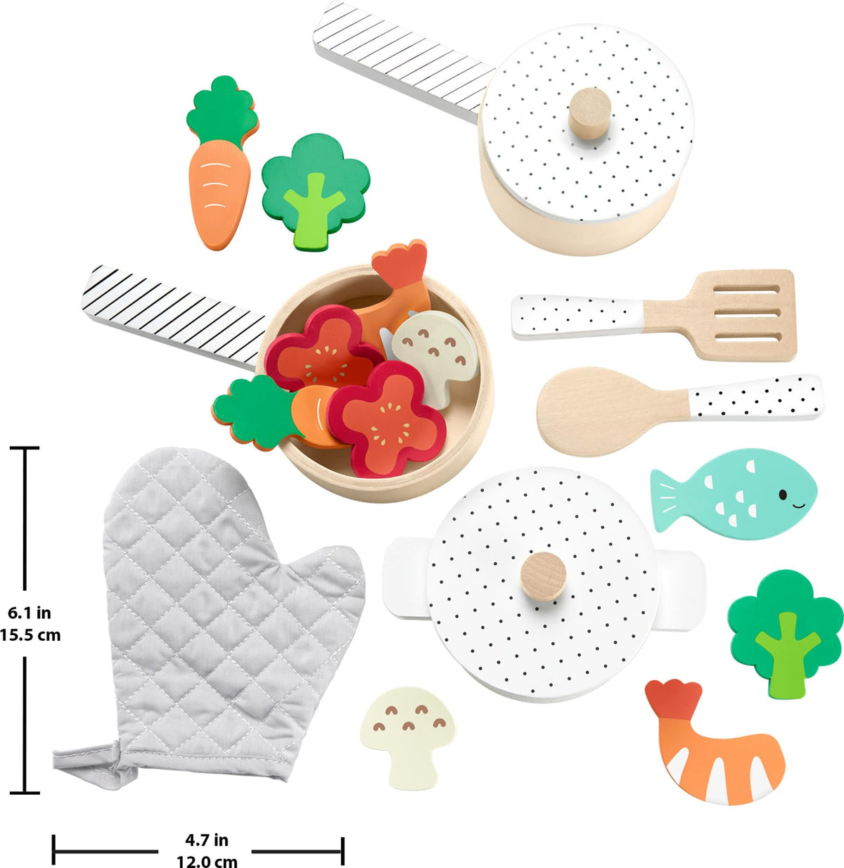 Fisher-Price Wood Kitchen Pretend Play Toy Pots & Pans Set, 19-Piece Playset Wooden, Metal & Fabric