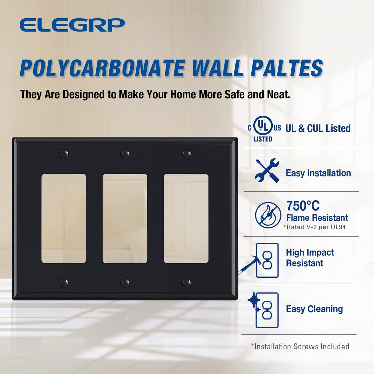 ELEGRP 3-Gang Decorative Wall Plates, Mid-Size 4.88" H x 6.75" L Unbreakable Thermoplastic