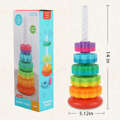 JUXUE Baby Spinning Stacking Toys for Toddlers 1-3, Rainbow Ring Stacker Montessori Toys for Babies
