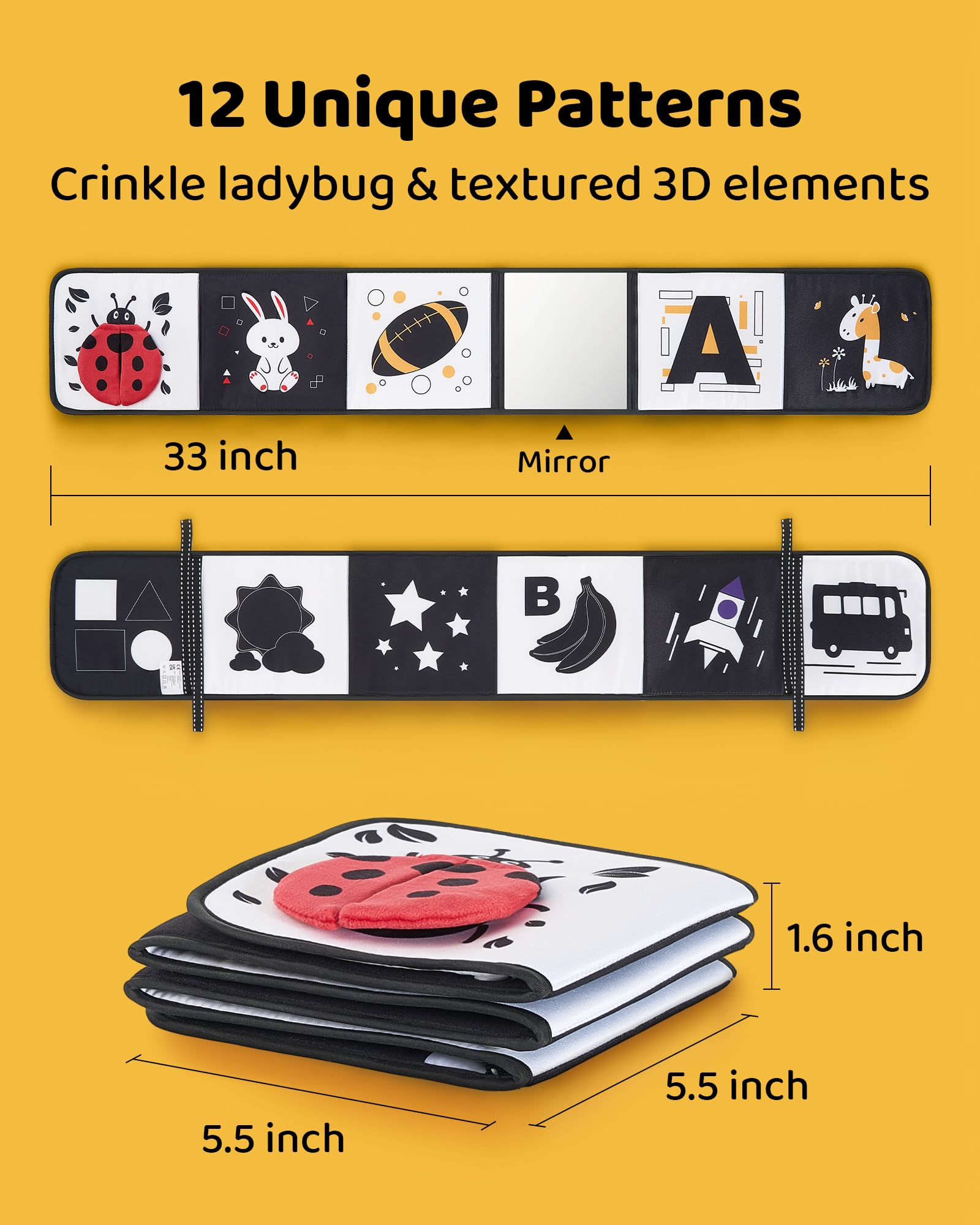 Infinno High Contrast Baby Book, Black and White, Tummy Time Mirror Toy