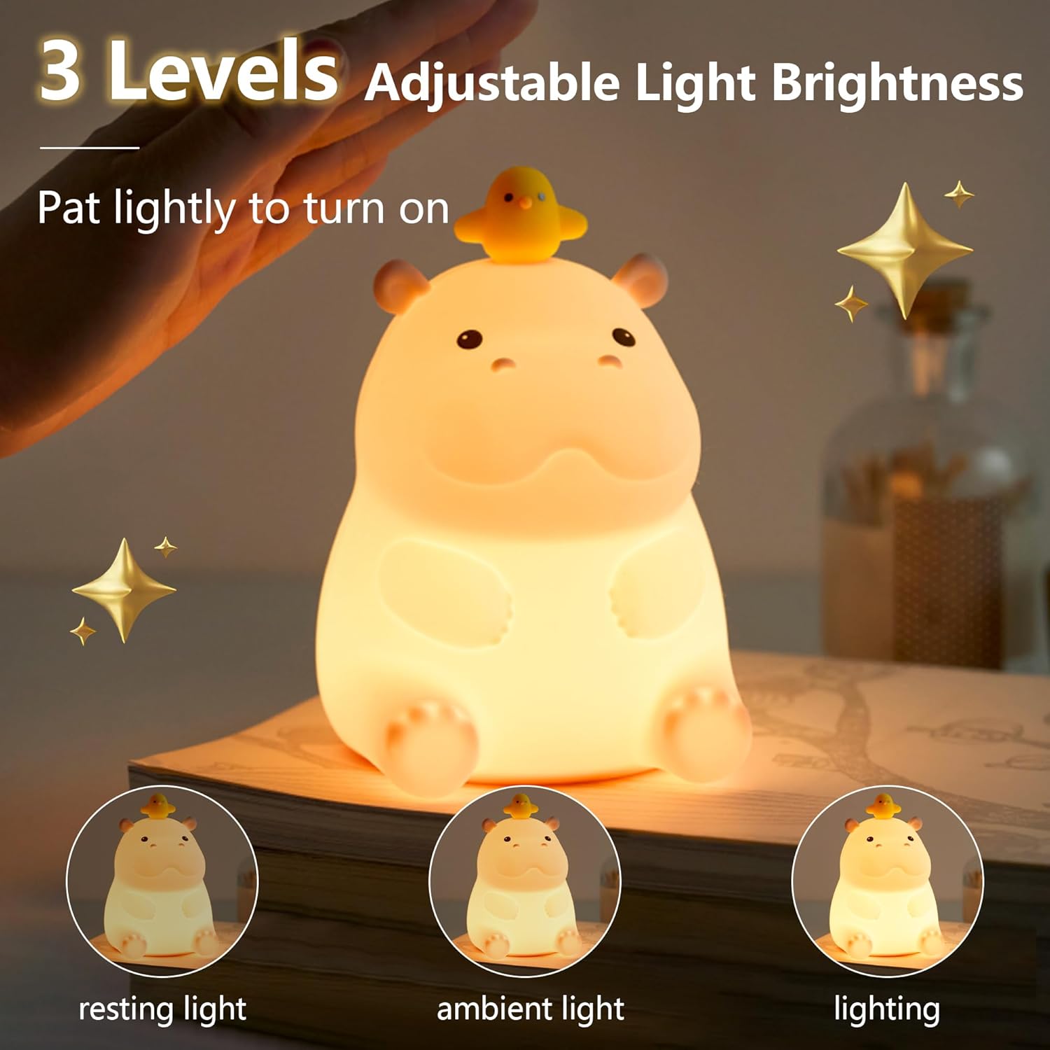 Hippo Night Light, Cute Silicone Squishy LED Lamp, Dimmable Nursery Nightlight, Rechargeable