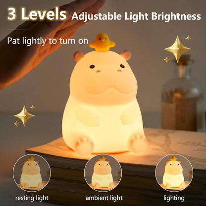 Hippo Night Light, Cute Silicone Squishy LED Lamp, Dimmable Nursery Nightlight, Rechargeable