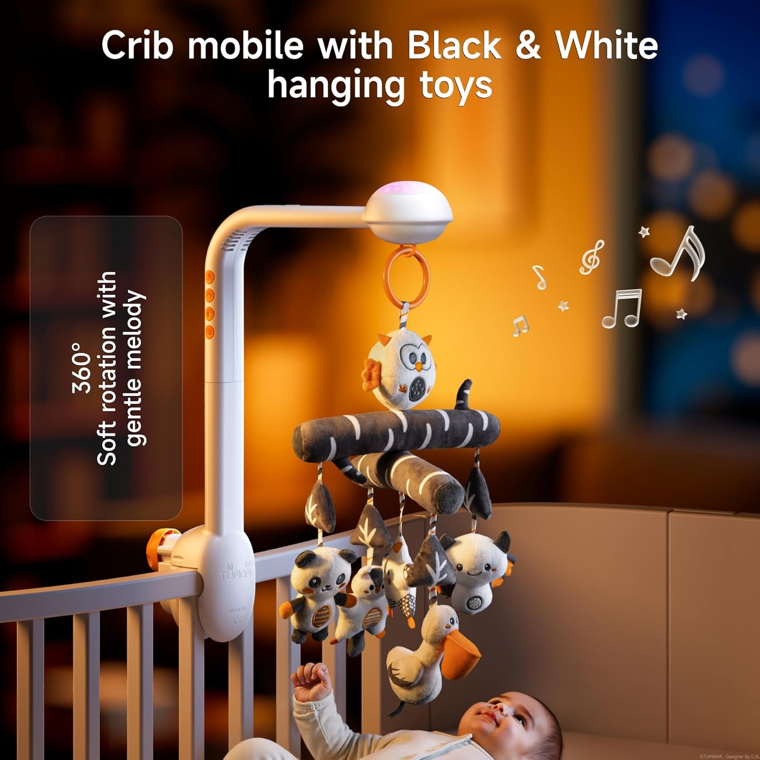 TUMAMA Baby Crib Mobile, High Contrast Baby Crib Toy with Projection Night Light, Music and White