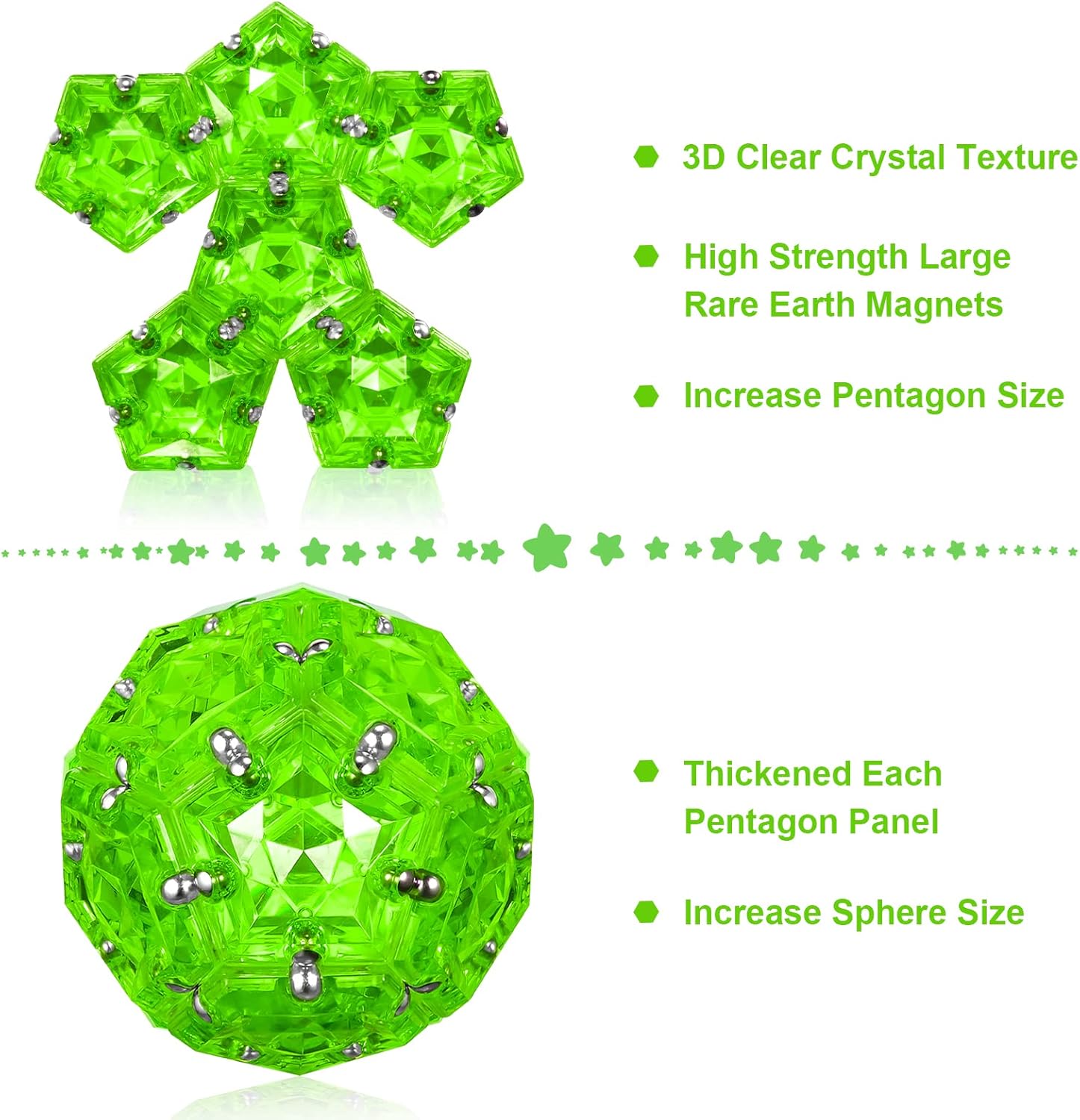 RoomyRoc Magnetic Fidget Sphere - Pentagons Magnets Balls - 12 Piece Set - Crystal Bright Green