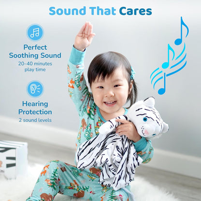 Love By Emi Baby Music Lovey White Tiger, Baby Sleep Soother for Crib & Cuddle Bedtime, White Noise