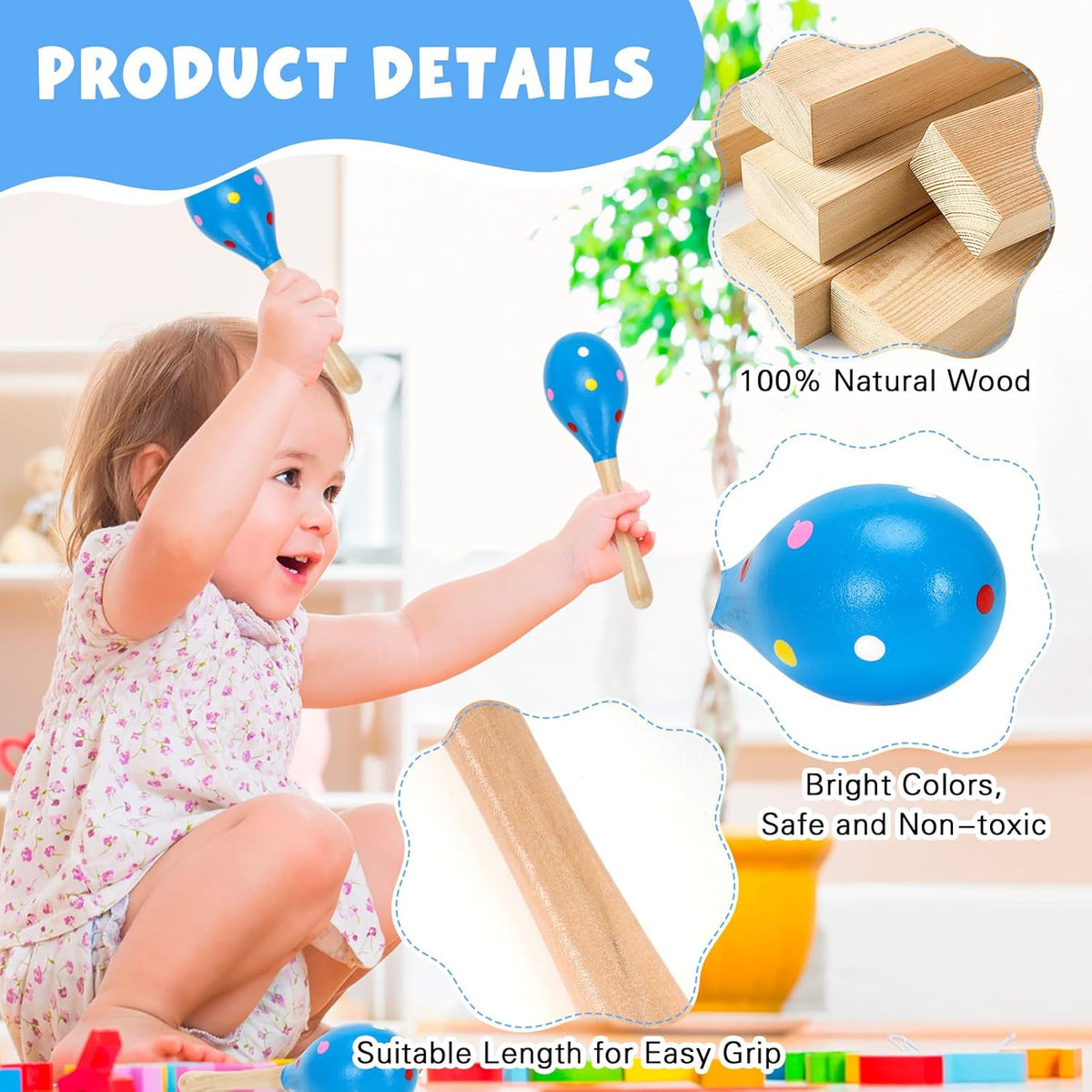 2 Pcs Maracas, Hand Percussion Rattles for Kids, Wooden Rumba Shaker Hand Musical Instruments with