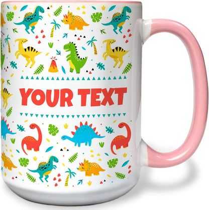 Personalized Mug for Kids - Dinosaurs - Custom Name/Text, Ceramic Hot Chocolate/Cocoa/Coffee Cup
