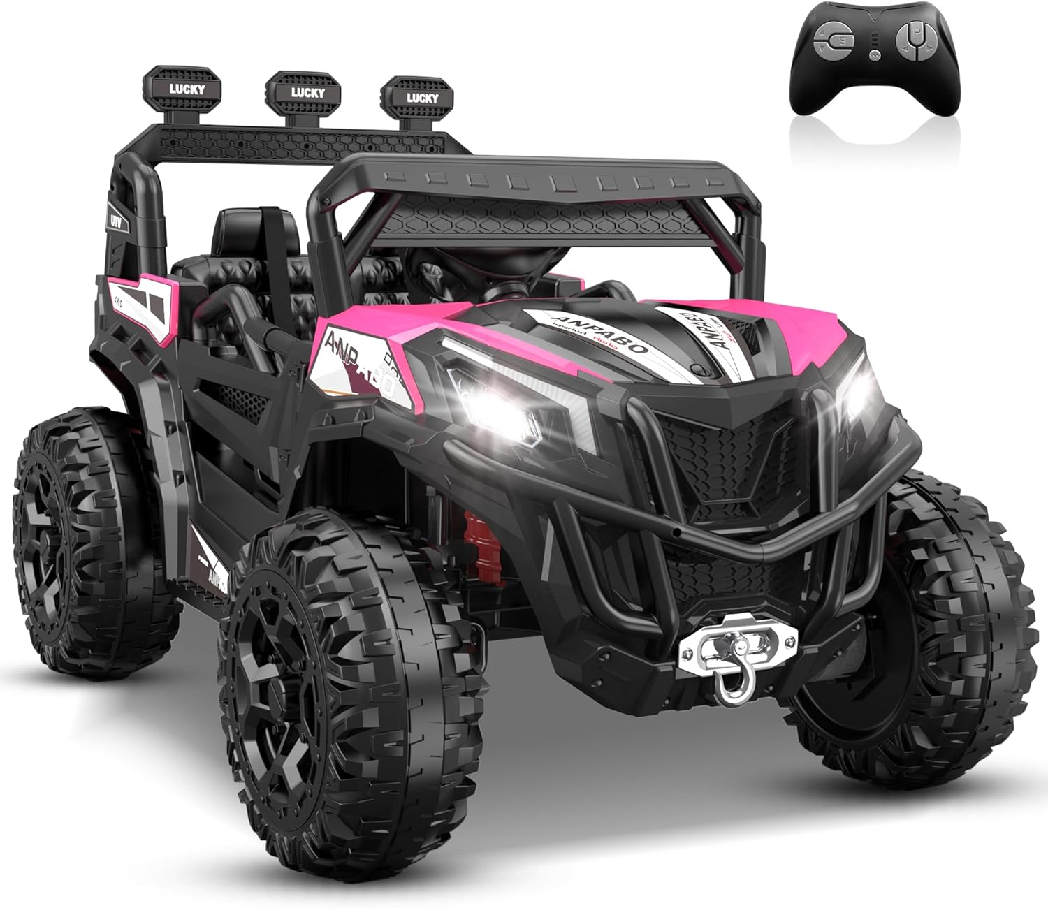 ANPABO 24V 4X4 Ride on Car Truck w/Remote Control, 4WD/2WD Switchable Kids UTV, 19" Spacious Seat