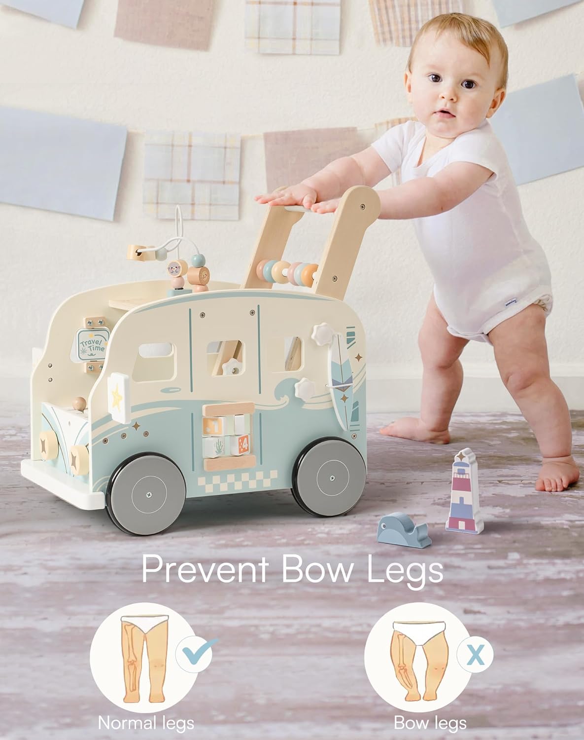 ROBOTIME Wooden Baby Walker, Baby Push Walker, Baby Activity Center Toys, Ajustable Speed