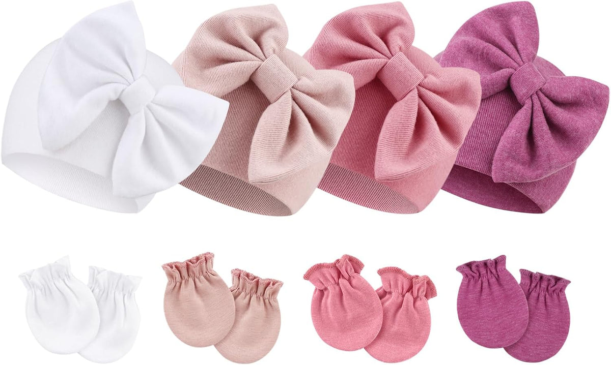 BQUBO Newborn Baby Hats Mittens Set Hospital Hat Beanie Infant Bow Hats Baby Gloves No Scratch