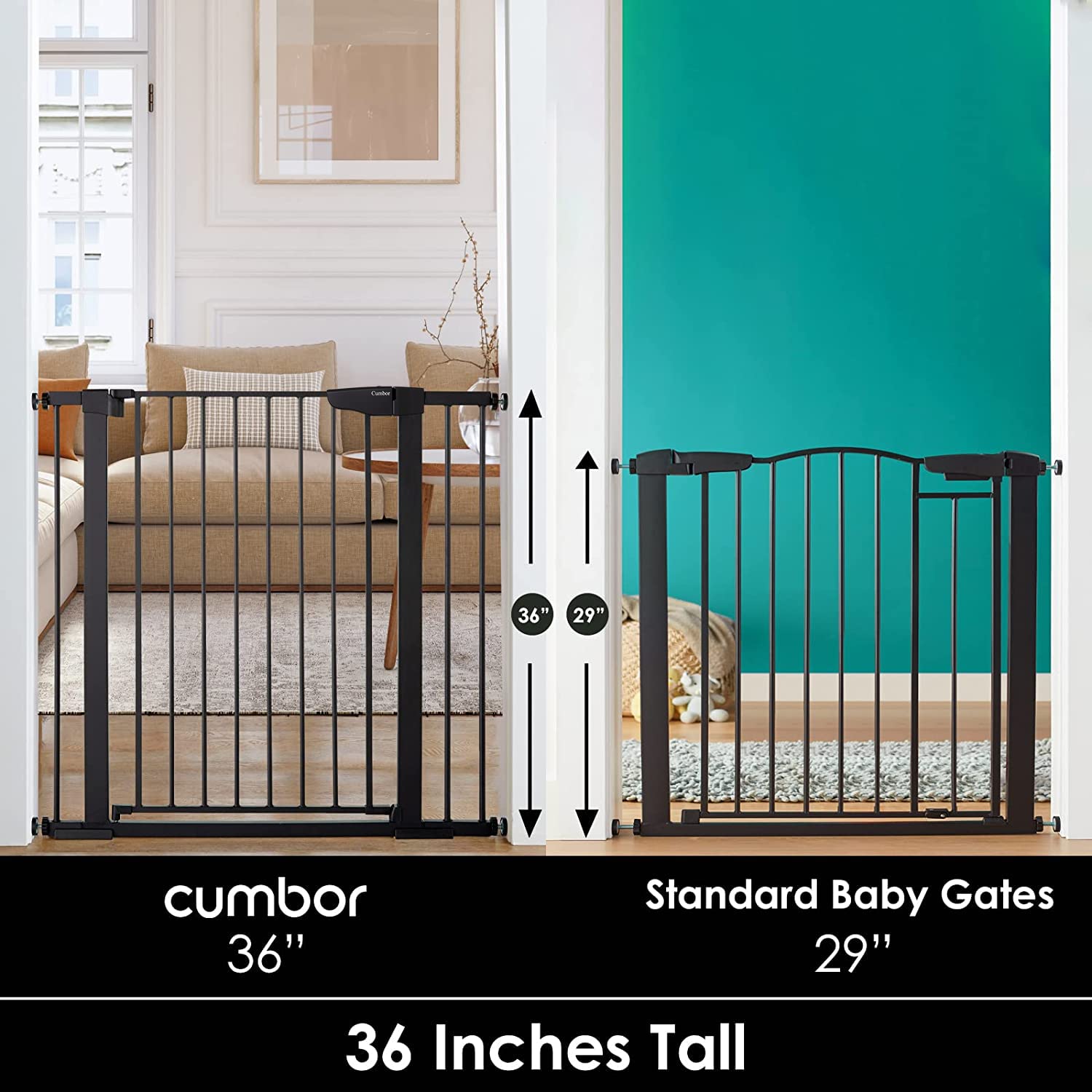 Cumbor 36" Extra Tall Baby Gate for Dogs and Kids with Wide 2-Way Door, 29.7-40.6" Width, and Auto