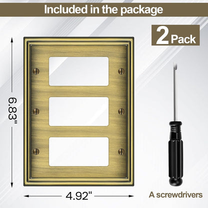 2 Pack Triple Decorator Switch Covers Wall Plate, Antique Brass Metal Material Rocker Switch