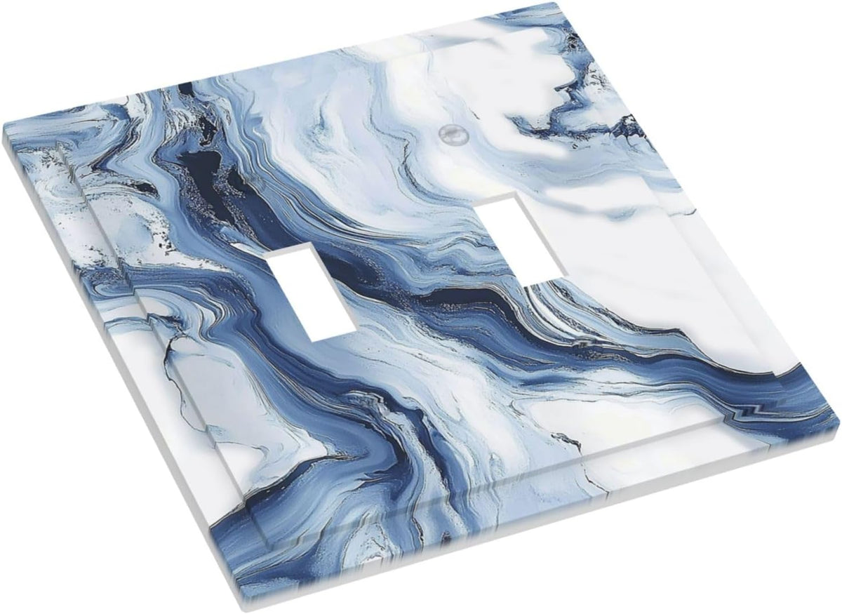 Decorative Switch Plates White Marble Navy Blue Line Fluid 2 Gang Double Toggle Outlet Light Switch