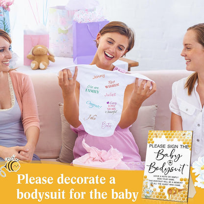 Qunclay 12 Pcs Baby Bodysuit Baby Shower Game Include 1 Game Wooden Sign Tabletop Decor 1 White