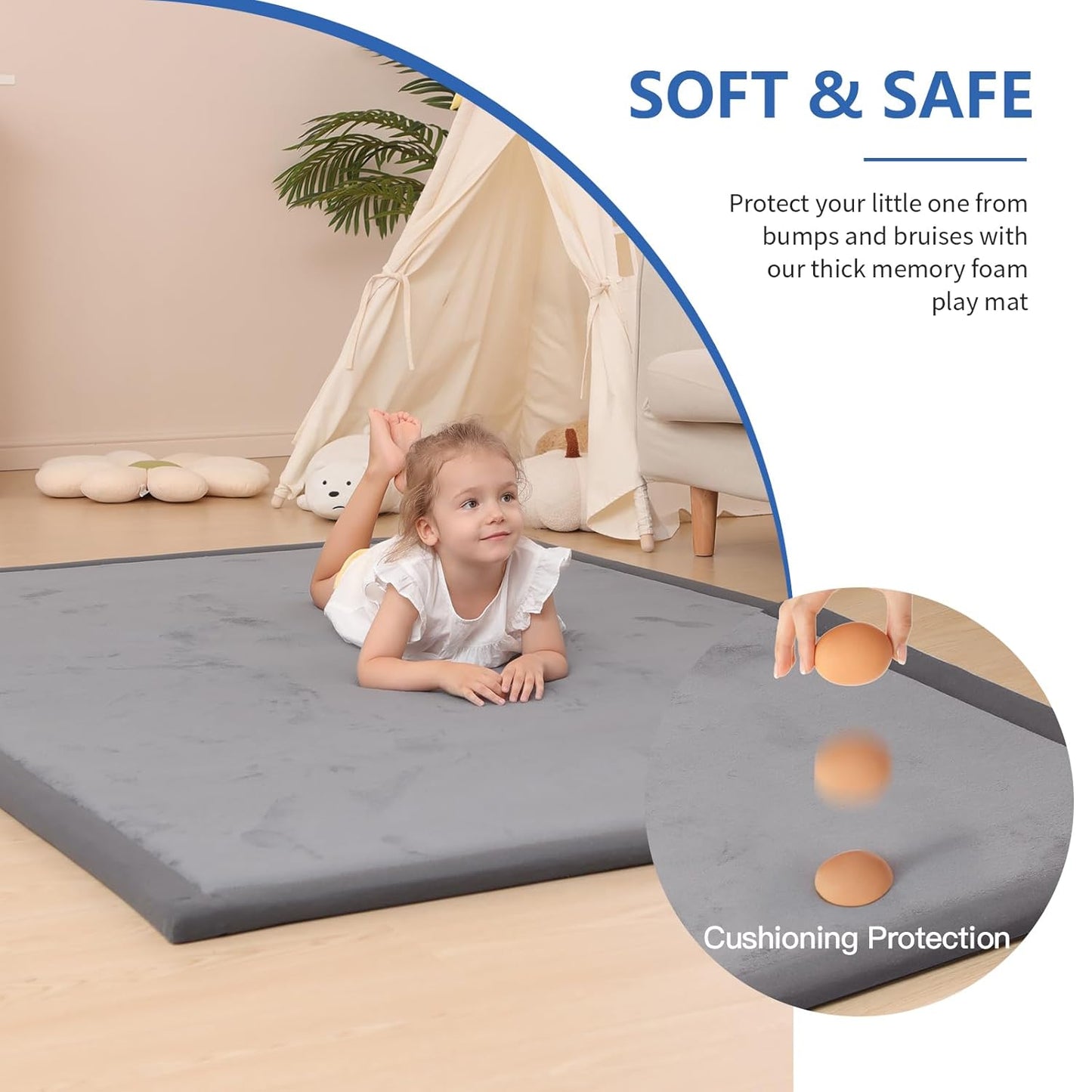 Baby Play Mat for Floor,1.3" Thick Memory Foam Tummy Time Mat,Soft Coral Velvet Nursery Rug,Large