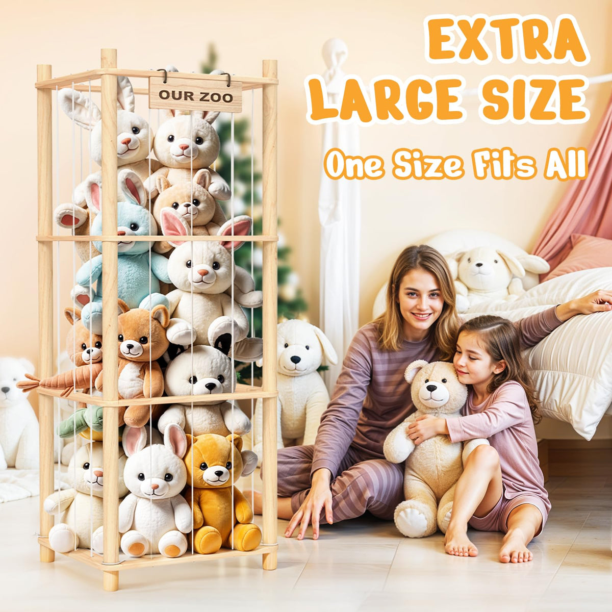 Woodure Stuffed Animal Storage & Organizer, Wooden Cute Zoo Toy Holder for Toddler Rooms, Playrooms
