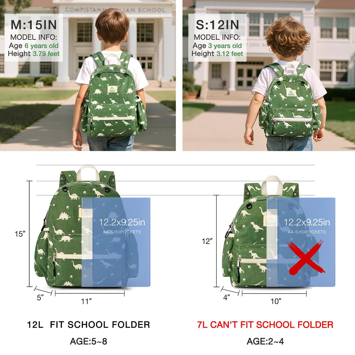 STEAMEDBUN Corduroy Toddler Backpack for Boys 2-4: Kids backpack for Boys Girls - 12 inch Preschool