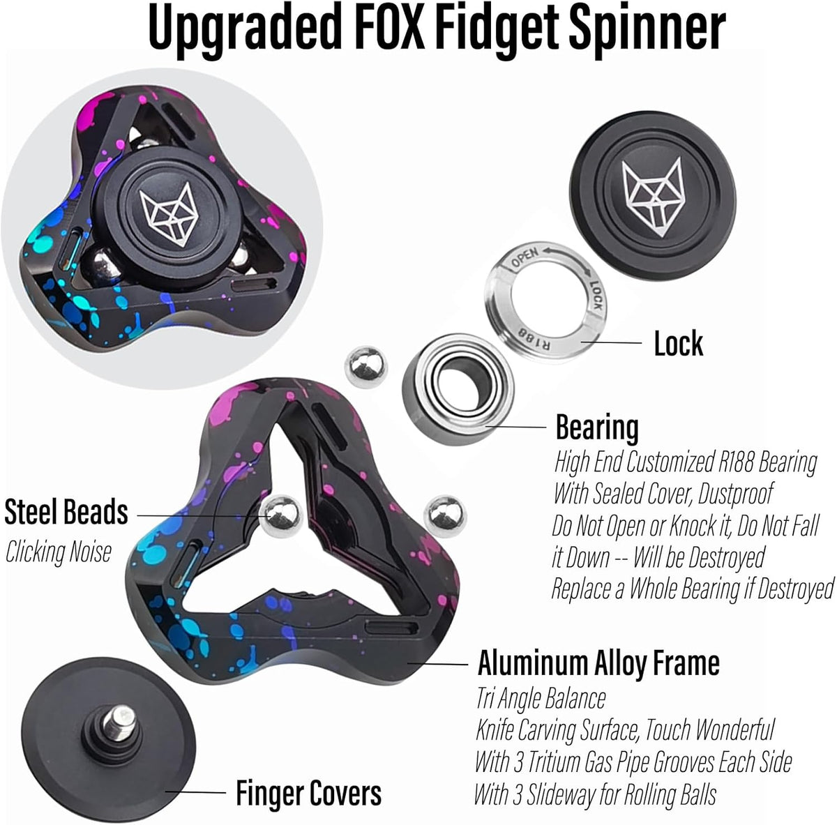 FREELOVE Metal Fidget Spinner for Adults, Upgraded Fox, Stainless Steel Fidget Toys, High Spin Long