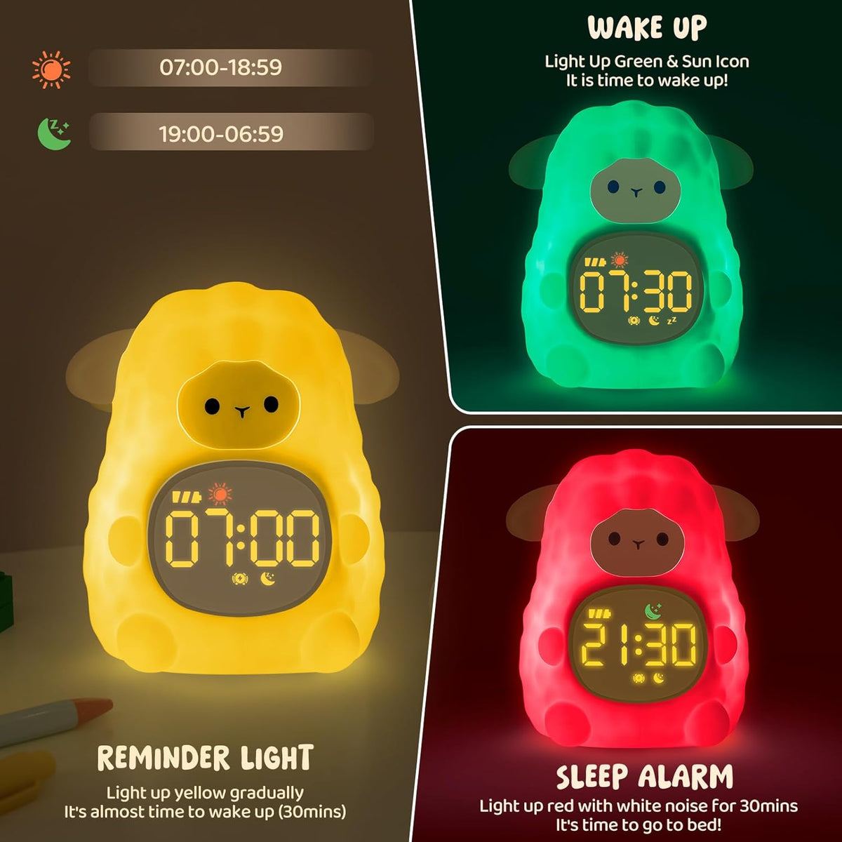 Sheep Alarm Clock with Night Light for Kids with Sleep Training and Sound Machine, Rechargeable