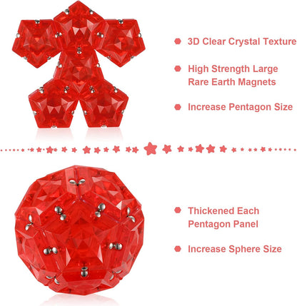 RoomyRoc Magnetic Fidget Sphere - Pentagons Magnets Balls - 12 Piece Set - Crystal Red - Magnet