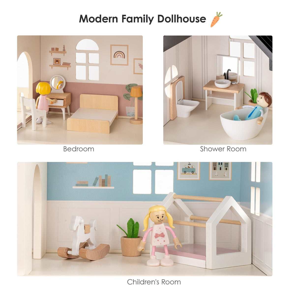 Wooden Dollhouse for Kids, 6-Room Modern-Style Toy Doll House Playset