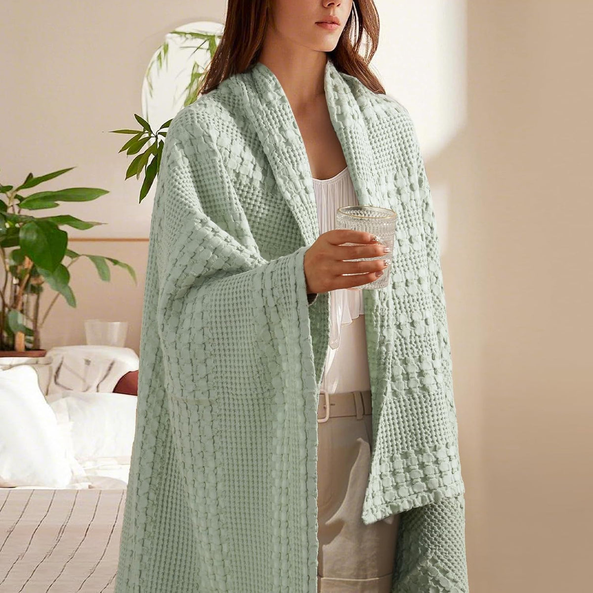 PHF 100% Cotton Waffle Weave Throw Blanket, Soft Lightweight Breathable Cozy Summer Throws for