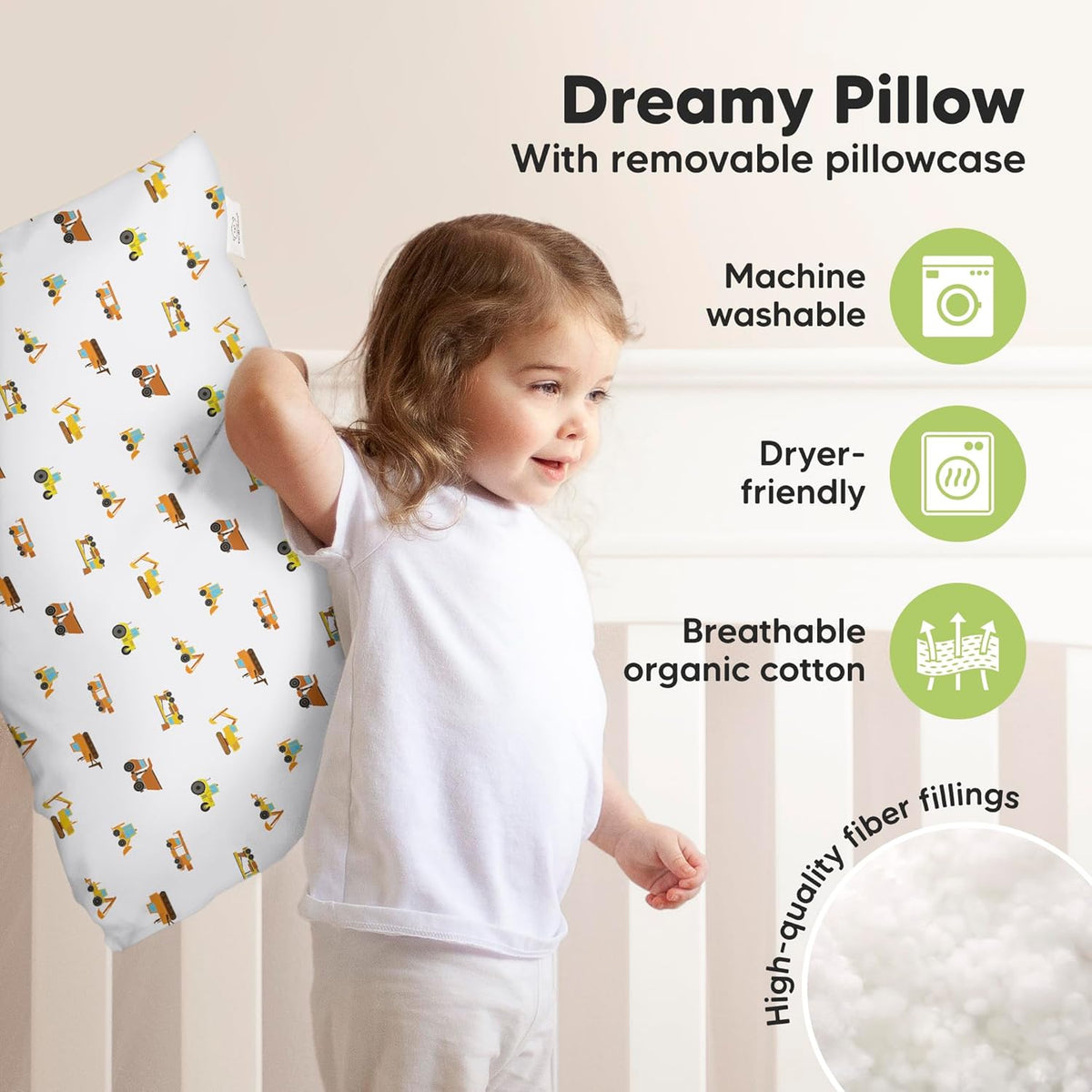 KeaBabies Toddler Pillow with Pillowcase, Jumbo 14X20 - Soft Organic Cotton Toddler Pillows for