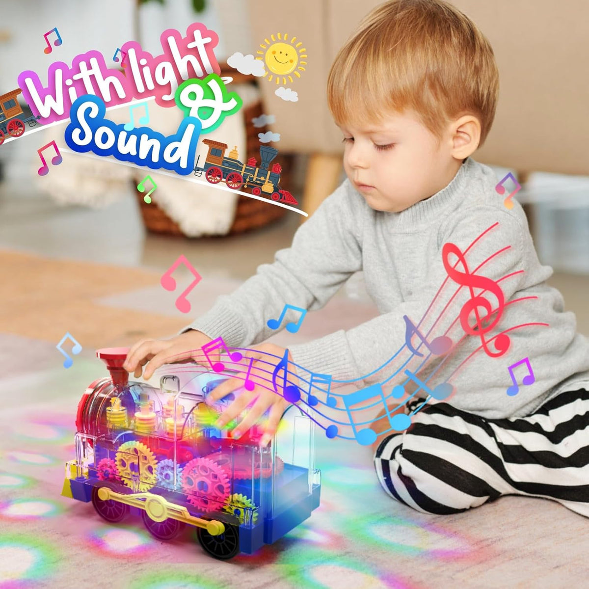 Kizeefun Light Up Train Toy for Toddlers: Transparent Gear Car Toy for Kids with Cool Light and