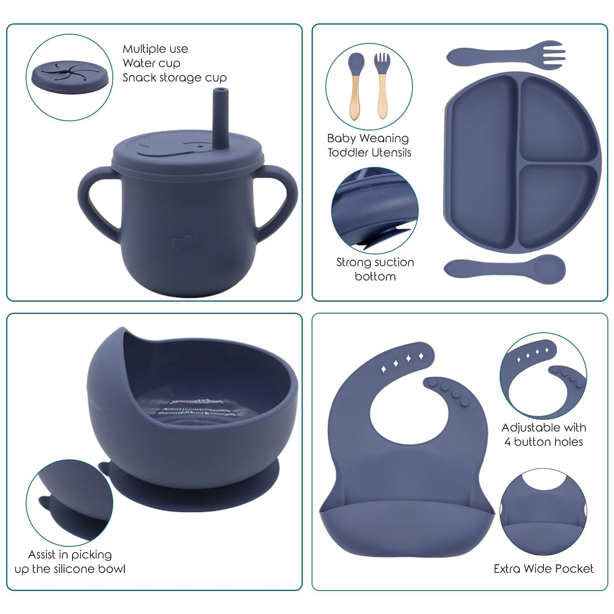 Dormlony 100% Silicone Baby Feeding Set, BPA Free Baby Dishes with Suction Bowl, Divided Plate
